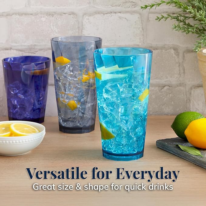 US Acrylic Optix Plastic Reusable Drinking Glasses (Set of 16) 14oz Rocks & 20oz Water Cups in Coastal Colors | BPA-Free Tumblers, Made in USA | Top-Rack Dishwasher Safe