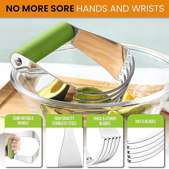 Spring Chef Large Green Dough Blender For Baking, Professional Dough Cutter Tool, Stainless Steel Puff Pastry Cutter Tool with Sharp Blades, Dishwasher Safe Pastry Blender for Easy Mixing