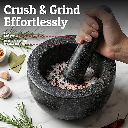 Priority Chef Heavy Duty Large 2 Cup Mortar and Pestle Set,100% Granite, Non Slip Base, Make Fresh Guacamole, Salsa, Pesto, Stone Grinder Bowl, Herb Crusher, Spice Grinder, 6.3 Inch Size, Black