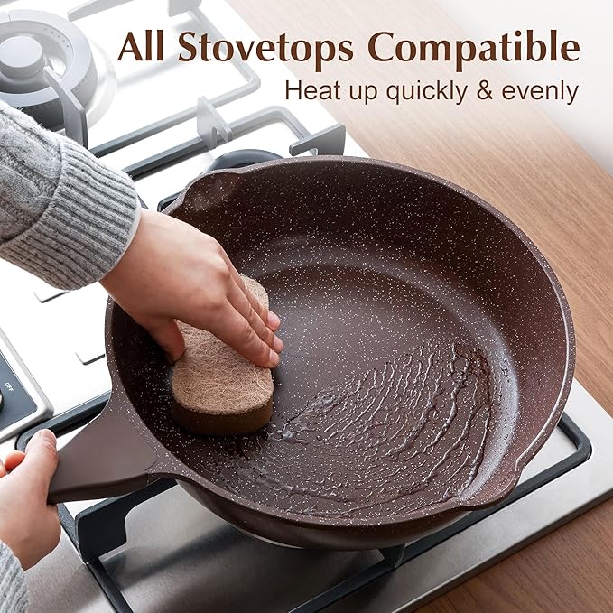 SENSARTE Nonstick Deep Frying Pan Skillet, 12-inch Saute Pan with Lid, Stay-Cool Handle, Healthy Cookware Cooking Pan with Cover, Induction Compatible (Toffee Brown)