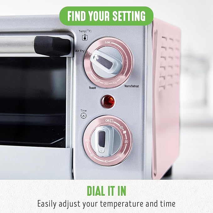 GreenLife Countertop Toaster Oven Air Fryer Stainless Steel, Healthy Ceramic Nonstick, PFAS Free, Tray & Basket, Bake, Broil, Reheat, Adjustable Temp & Time Control, Auto Shutoff, Pink