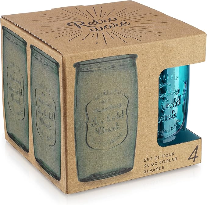Glaver's Highball Glasses Set of 4 – 20oz Artistic Ice-Cold Pretty Blue – Vintage Glassware with Embossed Logo – Beverage Drinking Glasses for Water, Juice, Cocktails. Hand Wash.