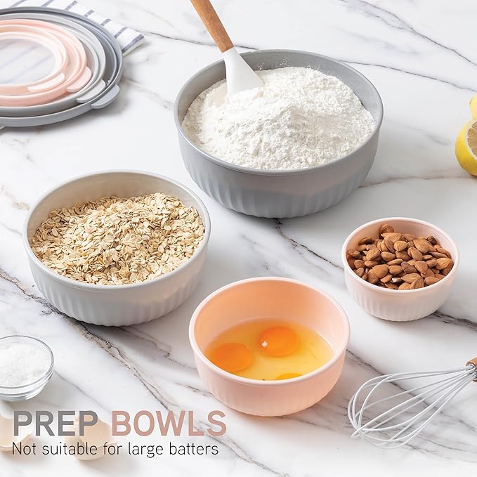 COOK WITH COLOR Prep Bowls with Lids- Wide and Deep Nesting Plastic Small Mixing Bowl Set with Lids, 8 Piece Set - Wide Bowls, Grey/Pink