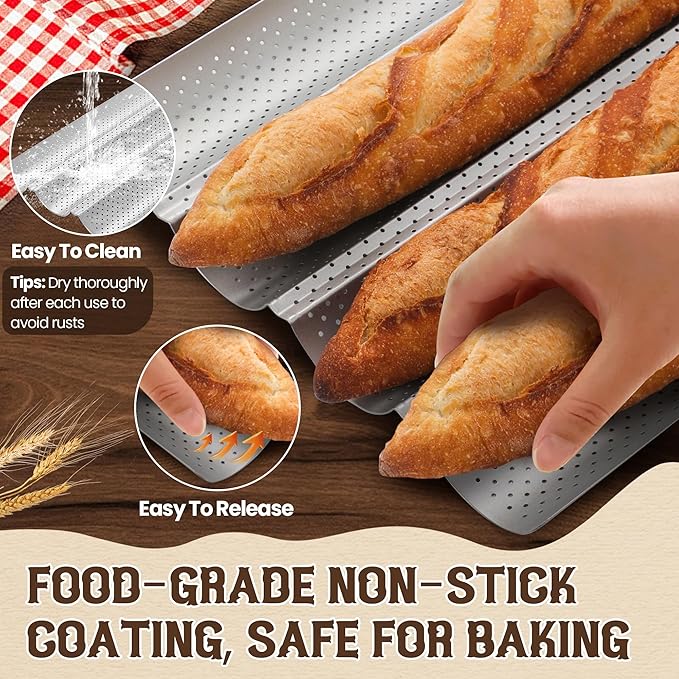 Pavsrmy Baguette Bread Pan, Premium Nonstick Perforated Baguette Pan for French Bread Baking, 4 Loaves Baguette Baking Tray for Sourdough, Italian Bread, Perfect for Creating Crisp Golden-Brown Crust
