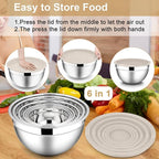 E-far Mixing Bowls with Lids, 12-Piece Stainless Steel Salad Bowls Metal Nesting Bowls for Baking Cooking and Prepping, Airtight Lids & Stackable Design, Size 7, 4.5, 3, 1.5, 1.2, 0.7 QT (Khaki)