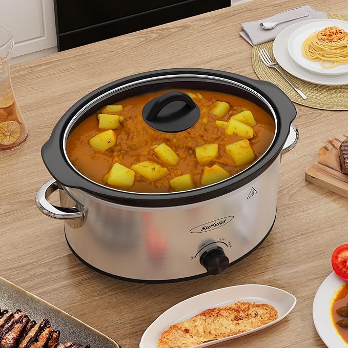 4QT Slow Cooker & Mini Food Warmer with Removable Ceramic Pot, 3 Heating Settings, Dishwasher Safe Glass Lid, Stainless Steel,Sliver