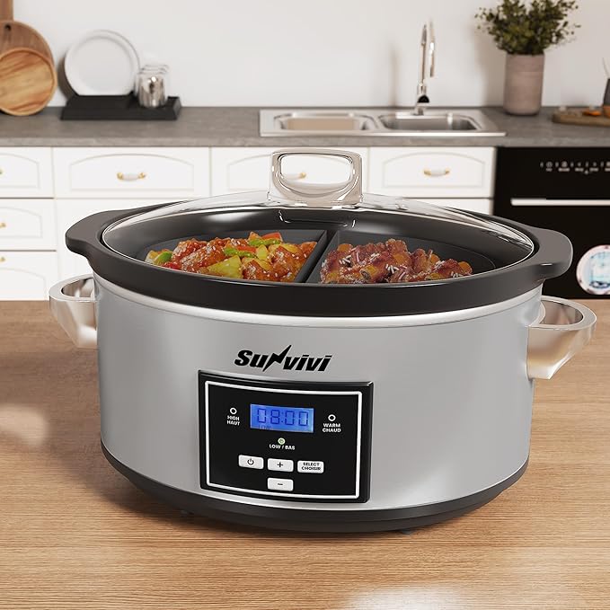 Sunvivi 6 Quart Programmable Slow Cooker with 2 in 1 Silicone Liners, Multi-Cooker Food Warmer with Digital Timer, Adjustable Tempature Control, Dishwasher Safe Parts, Silver