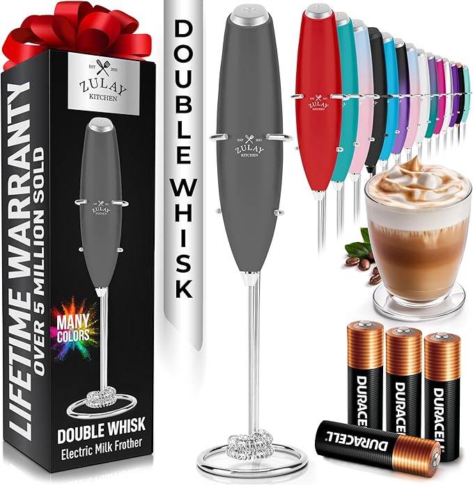 Zulay Kitchen Whisk Milk Frother with 4 Duracell Batteries - Powerful Handheld Foam Maker for Coffee, Lattes, Matcha, Hot Chocolate & Cappuccinos - Whip Creamy Froth in Seconds