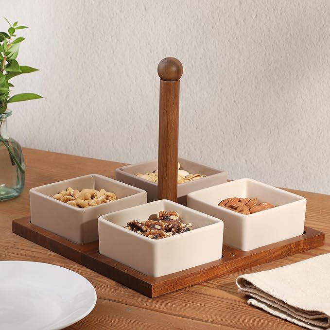 Gibson Elite 4-Piece Stoneware Tidbit, Condiment & Dip Dish Set with Acacia Wood Tray – Taupe Square Appetizer, Snack, Topping & Entertaining Server