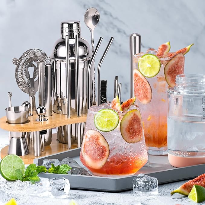 Cocktail Shaker Set, 19 Piece Bartender Kit, Silver, Bar Tool Set with Cocktail Shaker, Mixer Spoon, Measuring Cup, Strainer, Muddler, Corkscrew, Tongs