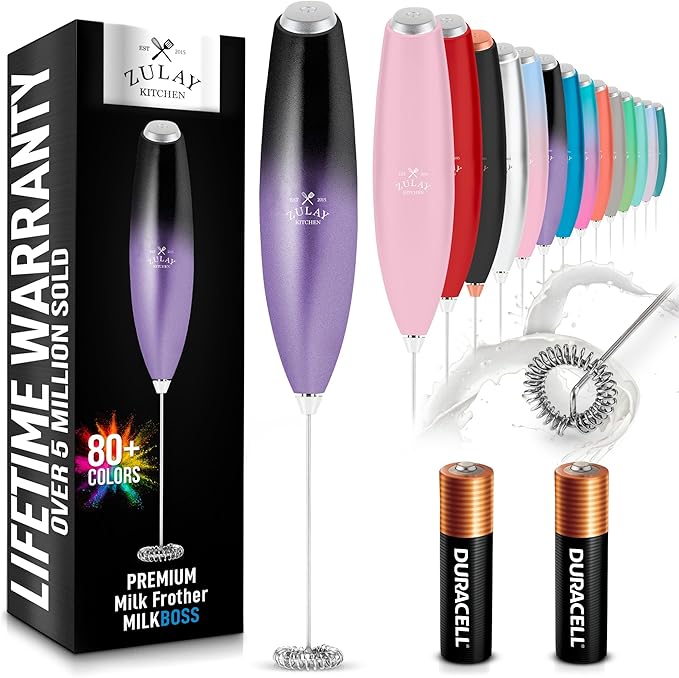 Zulay Kitchen Milk Frother Handheld Electric Whisk with AA Duracell Batteries – Durable Drink Mixer for Coffee, Lattes, Cappuccinos & More - Galaxy