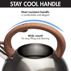 Primula Avalon Whistling Stovetop Tea Kettle, Food Grade Stainless Steel Wide Mouth, Fast to Boil, Cool Touch Handle, 2.5-Quart, Gunmetal Grey and Wood-Look