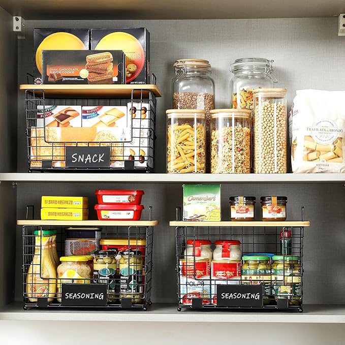 2 Set XL Stackable Wire Basket with Bamboo Tops & Tags- Pantry Organizer and Storage Bins, Kitchen Counter Cabinet Shelf Countertop Under Sink Organizing, Food Snack Produce Onion Potato Bread Storage