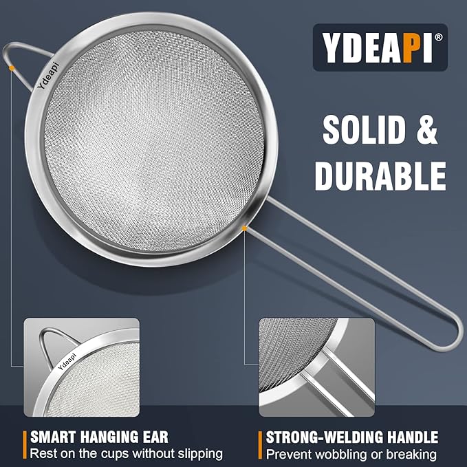 Ydeapi 6.3" Fine Mesh Strainer with Handle, Metal Food Strainers for Kitchen, Sieve Fine Mesh Stainless Steel for Rice, Quinoa, Pasta, Noodles