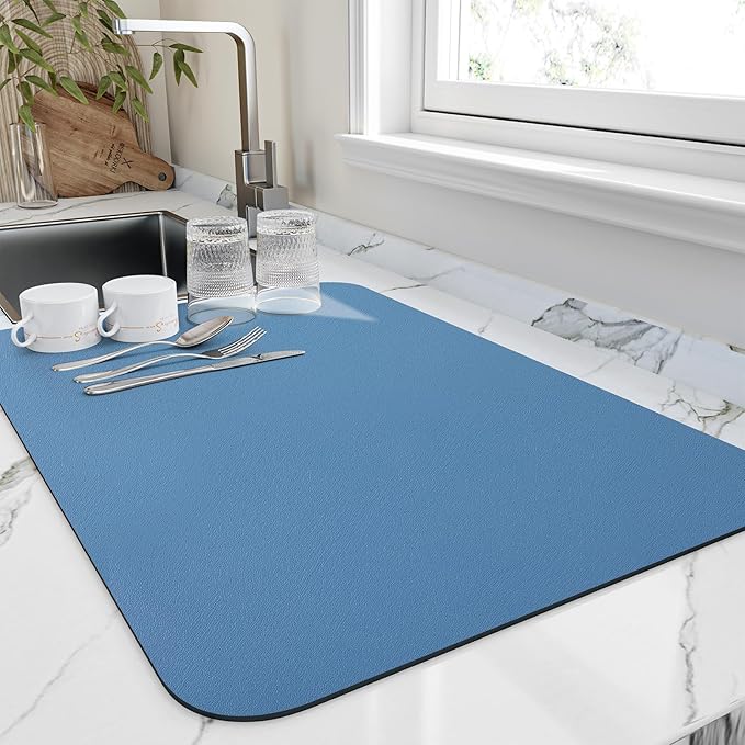 HotLive Dish Drying Mat for Kitchen Counter, Heat Resistant Drainer Mats with Non-slip Rubber Backed, Hide Stain Kitchen Super Absorbent Draining Mat, Easy to Clean Dish Rack Pad, Blue 18"x32"