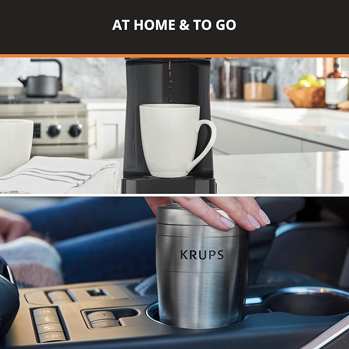 KRUPS: 2 Cup Coffee Maker, Simply Brew Stainless Steel Single Serve Drip Coffee Machine and Travel Tumbler 14 Ounce Stainless Steel Tumbler Included 650 Watts Coffee Filter, Compact Silver and Black
