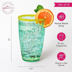 Kate Aspen Teal Fluted Plastic Drinking Glasses Set of 8, 21 oz, Acrylic Glasses Drinkware, Plastic Cups Reusable for Iced Water, Cocktails, Lemonade, BPA-Free Acrylic Glasses Drinkware