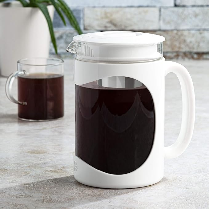 Primula Burke Deluxe Cold Brew Iced Coffee Maker, Comfort Grip Handle, Durable Glass Carafe, Removable Mesh Filter, Perfect 6 Cup Size, Dishwasher Safe, 1.6 qt, White