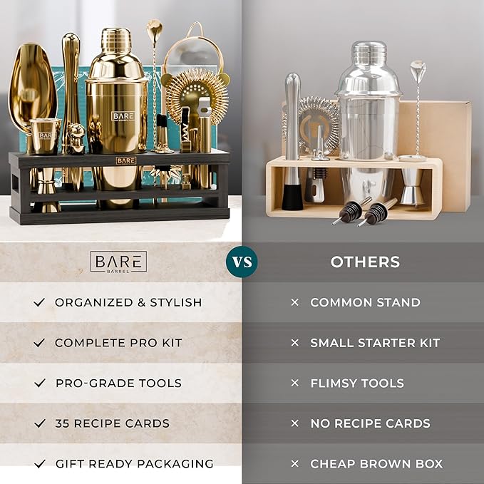 BARE BARREL® Mixology Bartender Kit Bar Set | 16-Piece Cocktail Shaker Set | Martini Barware Mixing Tools for Home Bartending | Incl. 35 Recipe Cards | Gift Set (24oz Cobbler Shaker, Gold/Black)