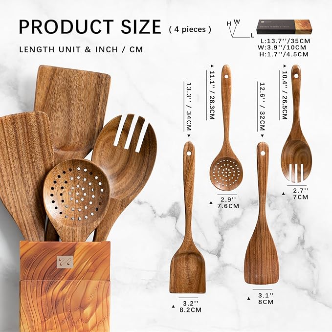 Wooden Spoons for Cooking, Nonstick Cooking Utensil Set with 4 Piece Acacia Wooden Spatulas and Spoons for Cooking, Terrific for Everyday Kitchen Tasks