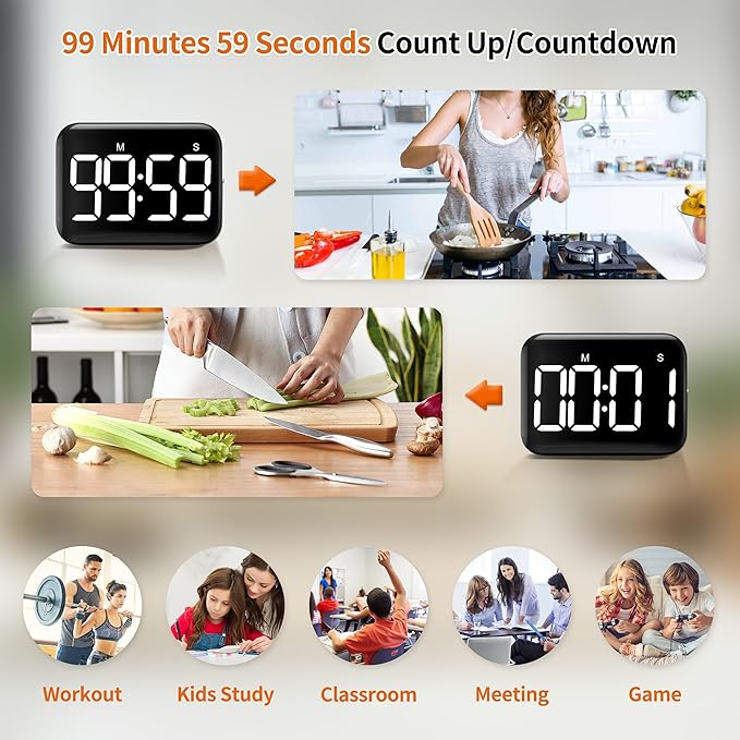 VOCOO Magnetic Kitchen Timer for Cooking with Count Up Countdown, Digital Timer Battery Powered with Large Display, 2 Brightness and Volume Levels for Classroom, Teacher, Kids (Dark Black)