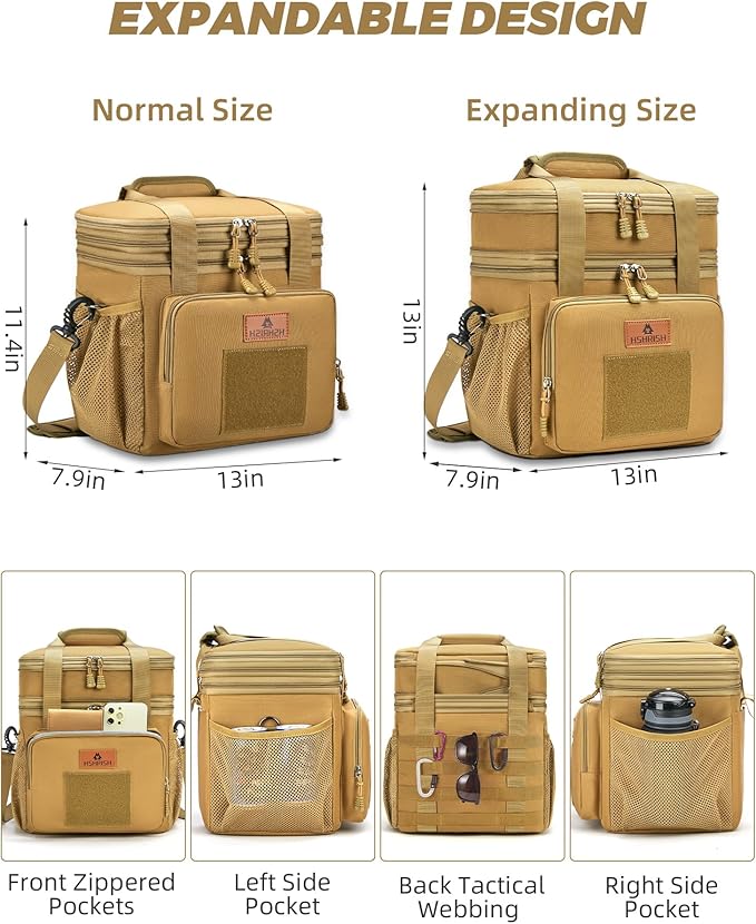 Expandable XLarge Tactical Lunch Box for Adults, Waterproof Insulated Lunch Bag with Lots of Storage Space, Durable Cooler Bag for Men Women Work Outdoor Picnic Trips, 22L(Brown), HSHRISH