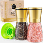 Home EC Original Gold Salt and Pepper Grinder Set of 2 - Adjustable Ceramic Grinder - Glass Salt and Pepper Shakers With Funnel and Ebook - Kitchen Spice Mill - Gold Kitchen Accessories