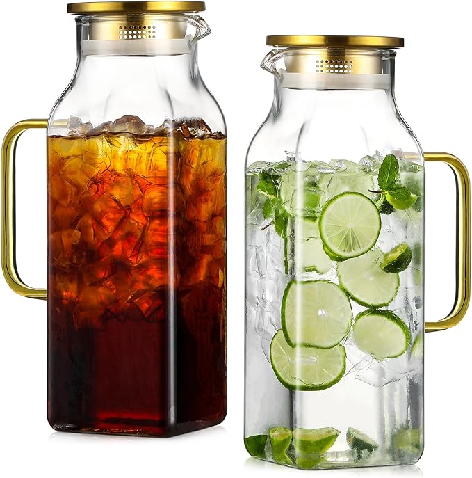 2 Pack 2 Liters/68 oz Square Glass Pitcher with Lid and Handle for Fridge, Iced Tea and Coffee Carafe Beverage Serveware, Heat Resistant Borosilicate Water Gold Jug for Hot/Cold Drinks and Milk