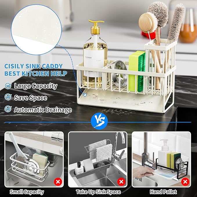 Cisily Off White Sponge Holder for Kitchen Sink, Sink Caddy Organizer with High Brush Holder, Kitchen Countertop Rustproof 304 Stainless Steel, Soap Dispenser Kitchen Organizers and Storage Essentials