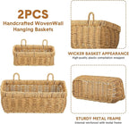 Tioncy 2 Pcs Woven Hanging Wall Baskets for Storage Boho Style Hanging Storage Plastic Woven Baskets with 4 Hooks for Kitchen Garden Living Room