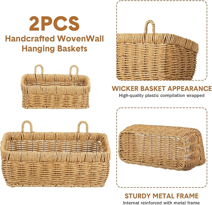 Tioncy 2 Pcs Woven Hanging Wall Baskets for Storage Boho Style Hanging Storage Plastic Woven Baskets with 4 Hooks for Kitchen Garden Living Room