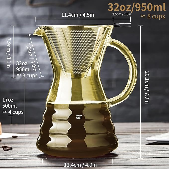 Unbreakable - Pour Over Coffee Maker with Permanent Stainless Filter 27 fl oz, Thickened Heat-Resistant Borosilicate Glass Dripper Coffee Brewer, Stovetop Safe