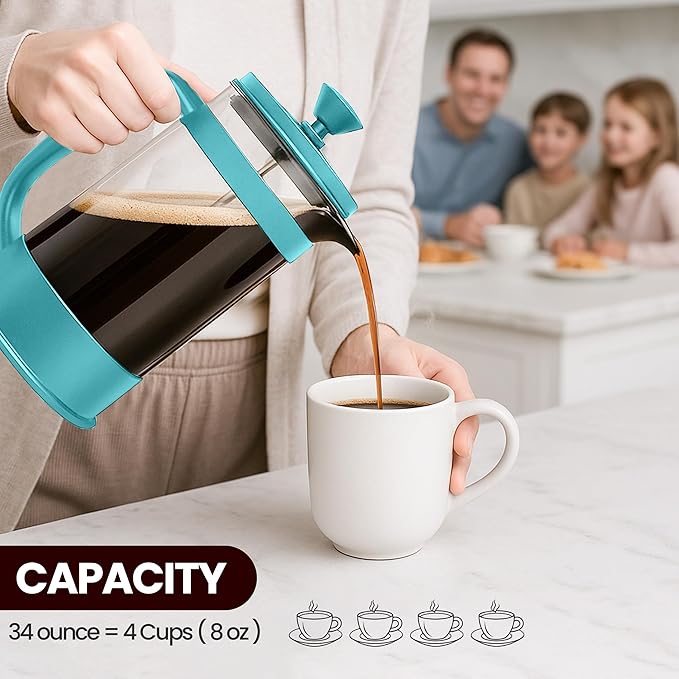 Utopia Kitchen French Press Espresso and Tea Maker with Triple Filters, Stainless Steel Plunger and Heat Resistant Borosilicate Glass (Aqua, 34-oz (Pack of 1))