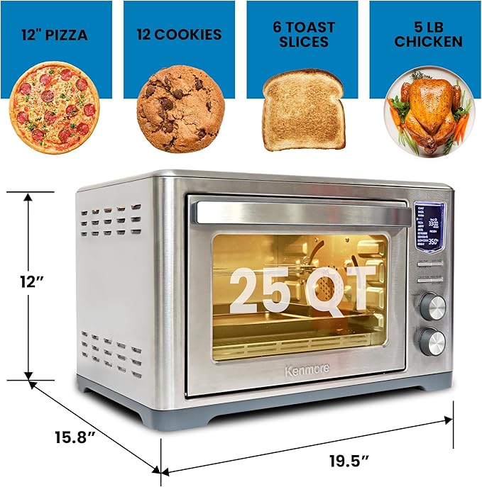Kenmore Toaster Oven Air Fryer - Fry Chicken, Rotisserie, Bake Bread, Cookie, Pizza Dehydrator Racks Convection Kitchen Appliances 26 Quart Horno Freidora De Aire Stainless Steel