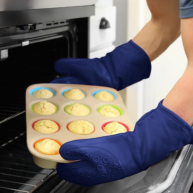 BPA-Free Soft Silicone Oven Mitts - Ultra Heat Resistant Oven Mitts with Thick Cotton Liner - Long Slip Resistant Pot Holders, Flexible Oven Gloves - Royal Blue 13.7"