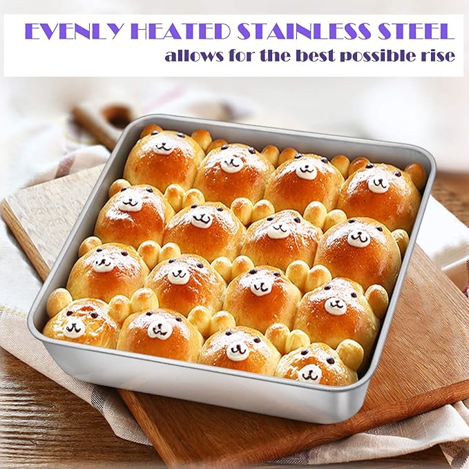 8 x 8-Inch Baking Pan, E-far Square Cake Brownie Baking Pans Stainless Steel Bakeware Set of 3, Fits in Small Toaster Oven, Non-toxic & Dishwasher Safe