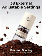 LAMIDO Portable Electric Burr Coffee Grinder - Grind While Charging - Visual Bean Hopper - 38 External Grind Settings - 1.8X Faster Grinding - 2000 mAh Battery for Travel, Camping - Light Beige