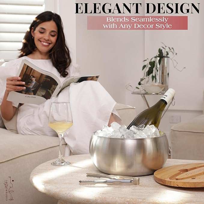 Gusto Nostro 4.1L Insulated Ice Bucket with Lid and Tongs, Double Wall Stainless Steel Ice Bucket Large, BPA Free Ice Bucket for Cocktail Bar, Keeps Champagne, Wine, Beer Chill for Parties