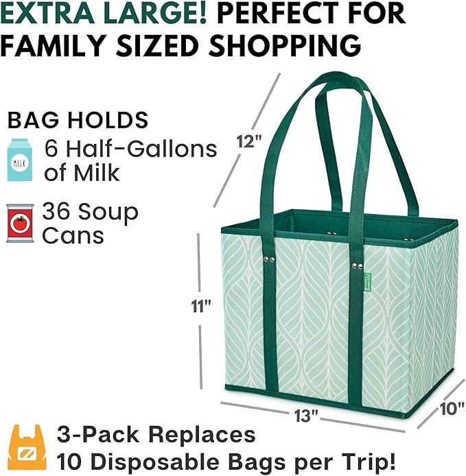Reusable Grocery Bags (3 Pack) – Heavy Duty Reusable Shopping Bags for Groceries with Box Shape to Stand Up, Stay Open, Fold Flat – Large Tote-Bag is Foldable with Long Handles & Hard Bottom (Green)