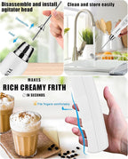 YUSWKO Rechargeable Milk Frother Handheld Frother Wand Drink Mixer for Coffee, Electric Whisk 3 Speed Adjustable, Coffee Foamer Maker with 3 Stainless Whisks Ideal Stirrers for Travel - White