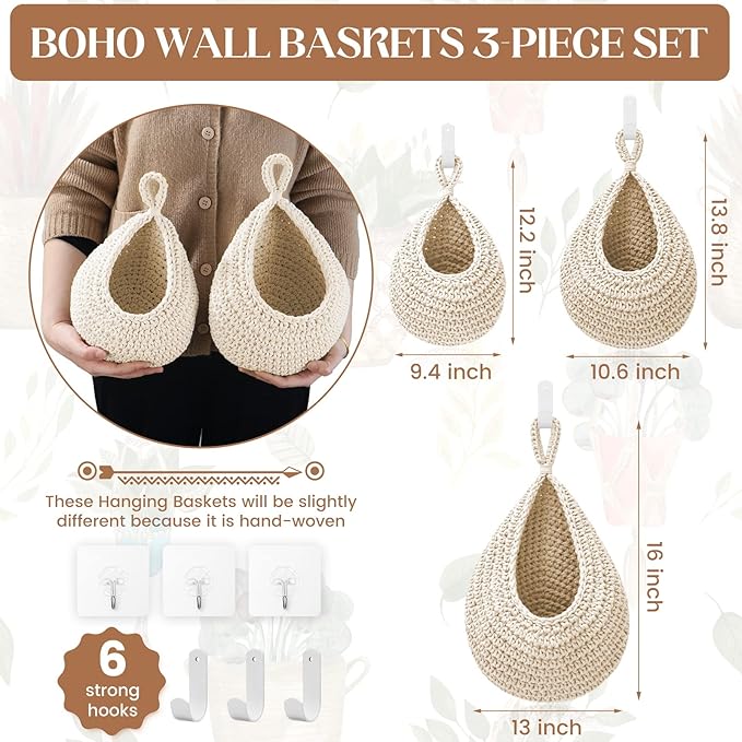 Hanging Fruit Baskets for Kitchen - 3 Pack Boho Wall Hanging Basket with 6 Pcs Strong Hooks, Handwoven Onion Storage Teardrop Home Onion Basket for Fruits Vegetable Potato Kitchen Storage (White)