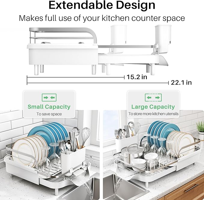 SNTD Dish Drying Rack, Expandable Dish Rack for Kitchen Counter, Stainless Steel Dish Drainer with Drainboard Set and Utensil Holder (White)