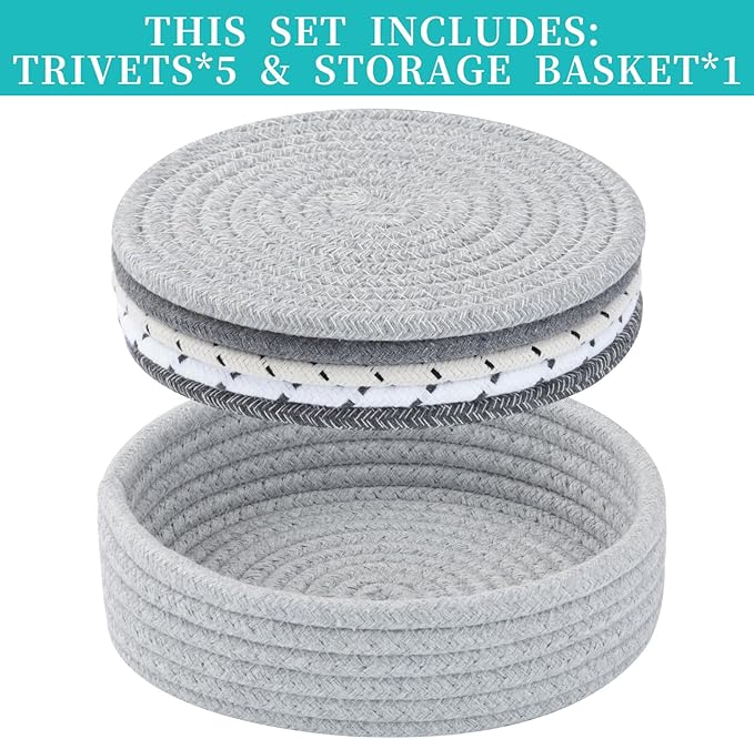 Trivets for Hot Dishes, Pots and Pans, Hot Pads with Storage Basket, Pot Holders for Kitchen, Heat Resistant Mat Protect Counter Home Essentials, Farmhouse Decor (Mix Gray 5 PCS)