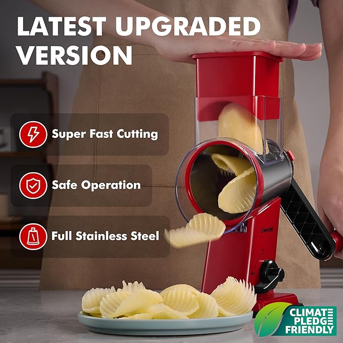 Geedel Rotary Cheese Grater - Upgraded Vegetable Shredder with 4 Interchangeable Blades, Easy to Clean Cheese Shredder with Handle, Kitchen Grater Nuts Grinder for Cutting Cheese, Vegetable, Nuts