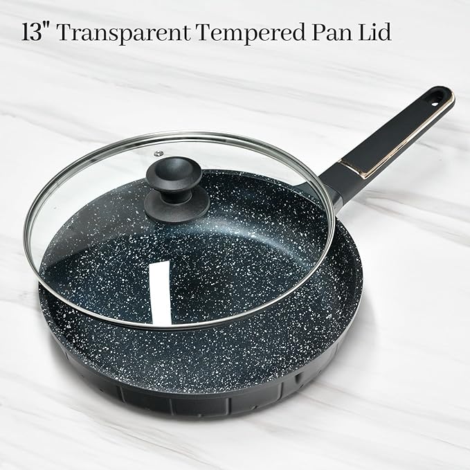 13 In Glass Lid for Frying Pan, Tempered Replacement Cover Compatible with All 13 inches Cookware for Skillets, Round Cast Iron, Cast Aluminium, Stainless Steel Pans &Pots, Black