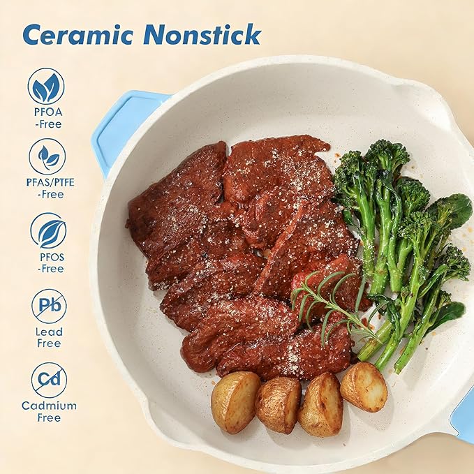 SENSARTE Nonstick Ceramic Skillet with Lid 12-inch, 5QT Non Toxic Deep Frying Pan, Saute Pan with Lid, Stay-cool Handle, Healthy Cooking Pot, Induction Compatible, Blue