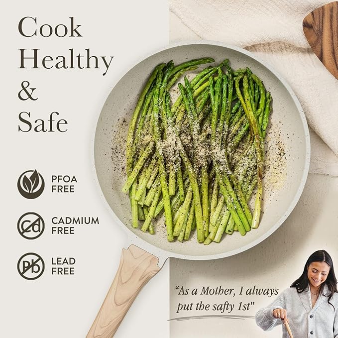 CAROTE Non Stick Frying Pan Skillet, Omelet Pan, Healthy Non Toxic Granite Chef Pan, Induction Compatible Egg Frying Pan with Heat-Resistant Handle, PFOA-Free,Cream White, 10"