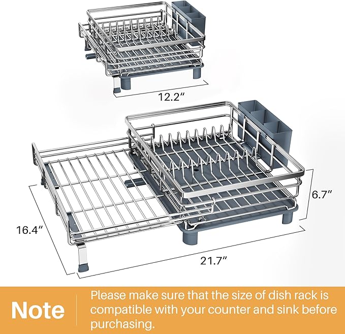 SNTD Dish Drying Rack - Extendable Dish Rack, Large Sink Drying Dish Drainer for Kitchen Counter, Stainless Steel Dish Strainer with Utensil Holder (Silver)