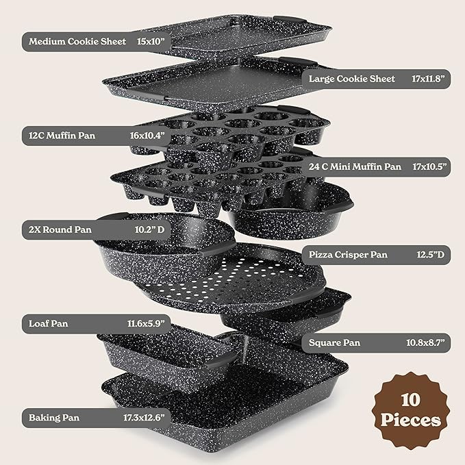 Country Kitchen Nonstick Stackable Bakeware Set - Durable, Easy Release Baking Set, Black, 10 Pcs