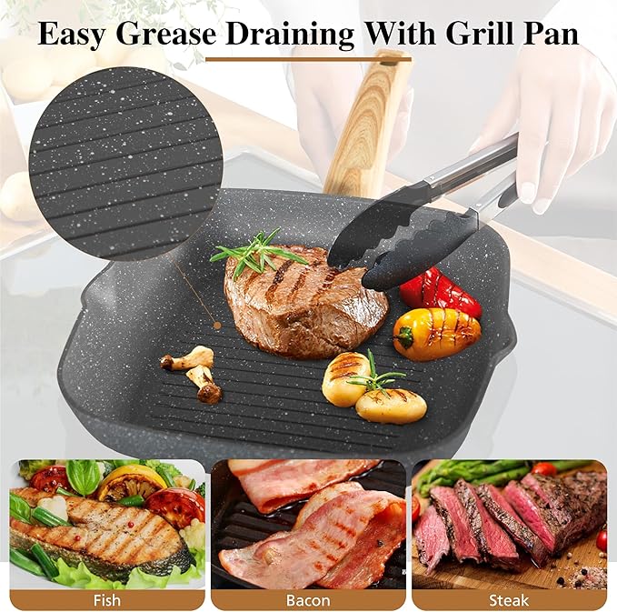 DishDelight 17 Piece Pots and Pans Set Non Stick, Granite Nonstick Cookware Set, Induction Cookware and Bakeware Set, Nonstick Kitchen Cookware Set, Gray